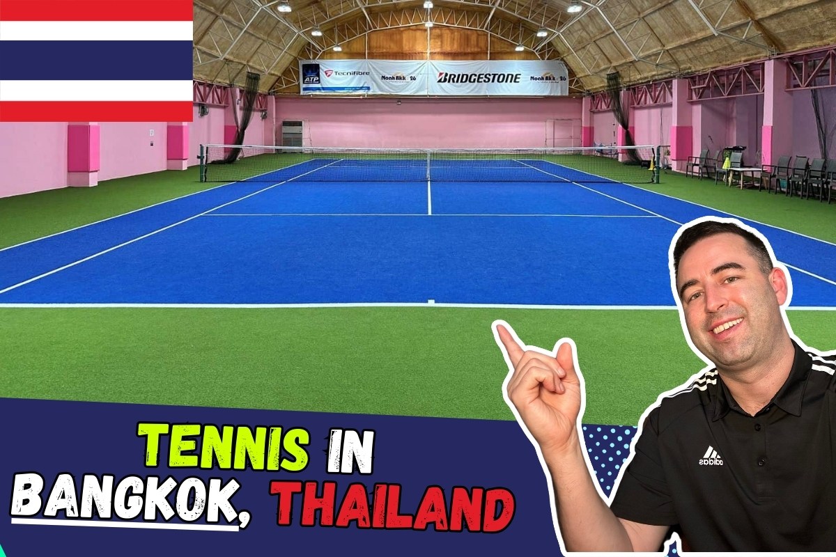 Featured image for guide on playing tennis, best courts in Bangkok, Thailand for visitors. Image has indoor, grass court of Noah BKK, with Eric Claggett pointing, Thai flag, and text "Tennis In Bangkok, Thailand."