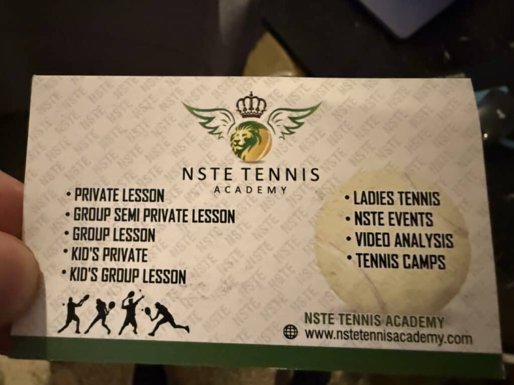 A business card from NSTE tennis academy in Georgetown, Penang, Malaysia.